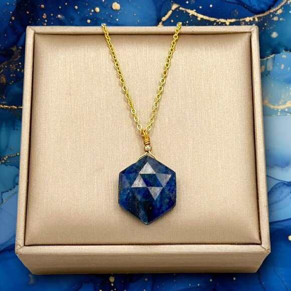 NWT Lapis Lazuli Hexagon Pendant Necklace 14K Gold Plated Genuine 18” - Picture 2 of 11